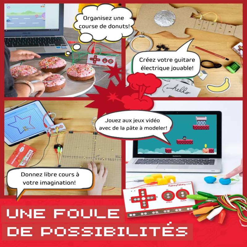 Montage de plusieurs scènes montrant des enfants utilisant le kit Makey Makey pour jouer, créer une guitare en carton ou interagir avec des donuts, de la pâte à modeler et un ordinateur, accompagné de bulles de texte inspirantes.